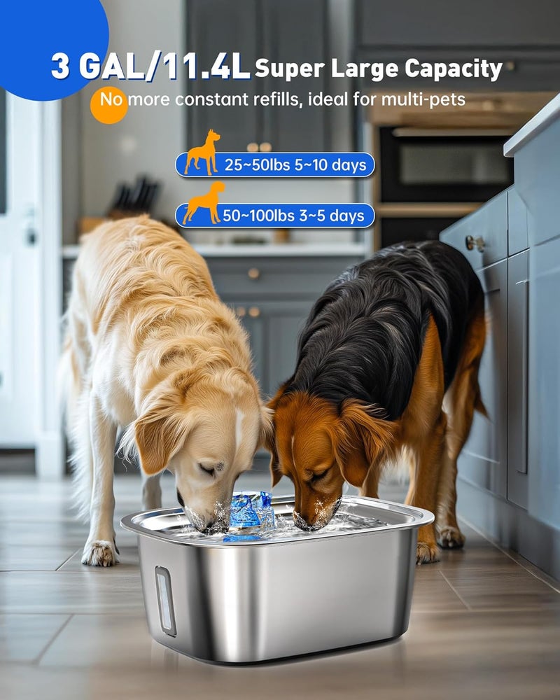 petnf Dog Water Fountain for Large Dogs Stainless Steel, 3Gal Extra Large Dog Water Bowl Dispenser with 2 Filters & Visual Window, Automatic Filtered Pet Fountain Indoor, Quiet Safe Pump with LED Indicator - Image 3
